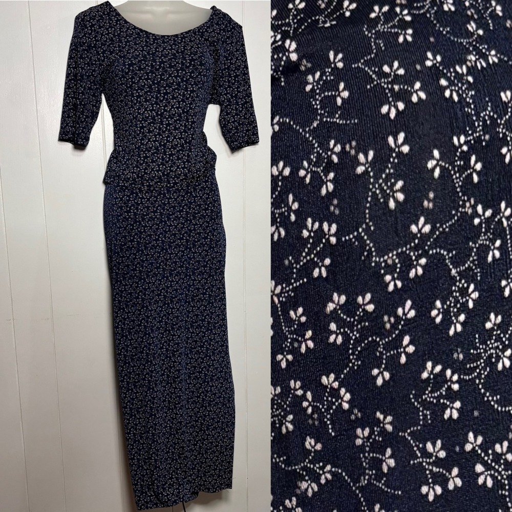 VTG Y2K 90s Fashion Bug Navy Blue Ditsy Floral Maxi 2 pc Set Cottage Festival